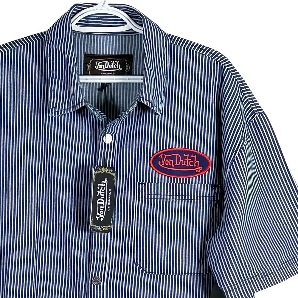 Von Dutch Railroad Stripe Denim Work Shirt Mens M Gray Patch Short Sleeve Snaps